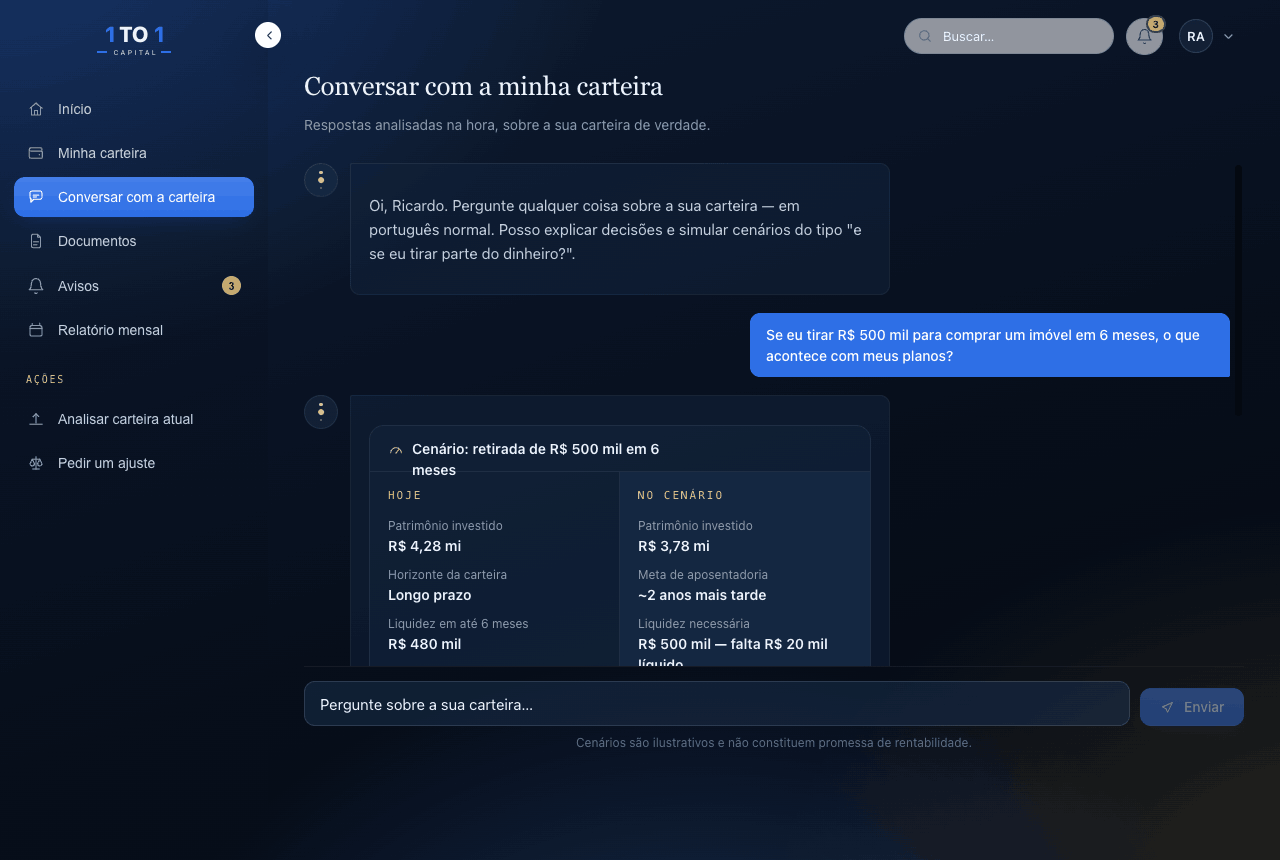 Tela de chat da 1 to 1: o cliente pergunta sobre tirar R$ 500 mil para comprar um imóvel e o sistema responde com um comparativo de cenário entre hoje e o cenário simulado.